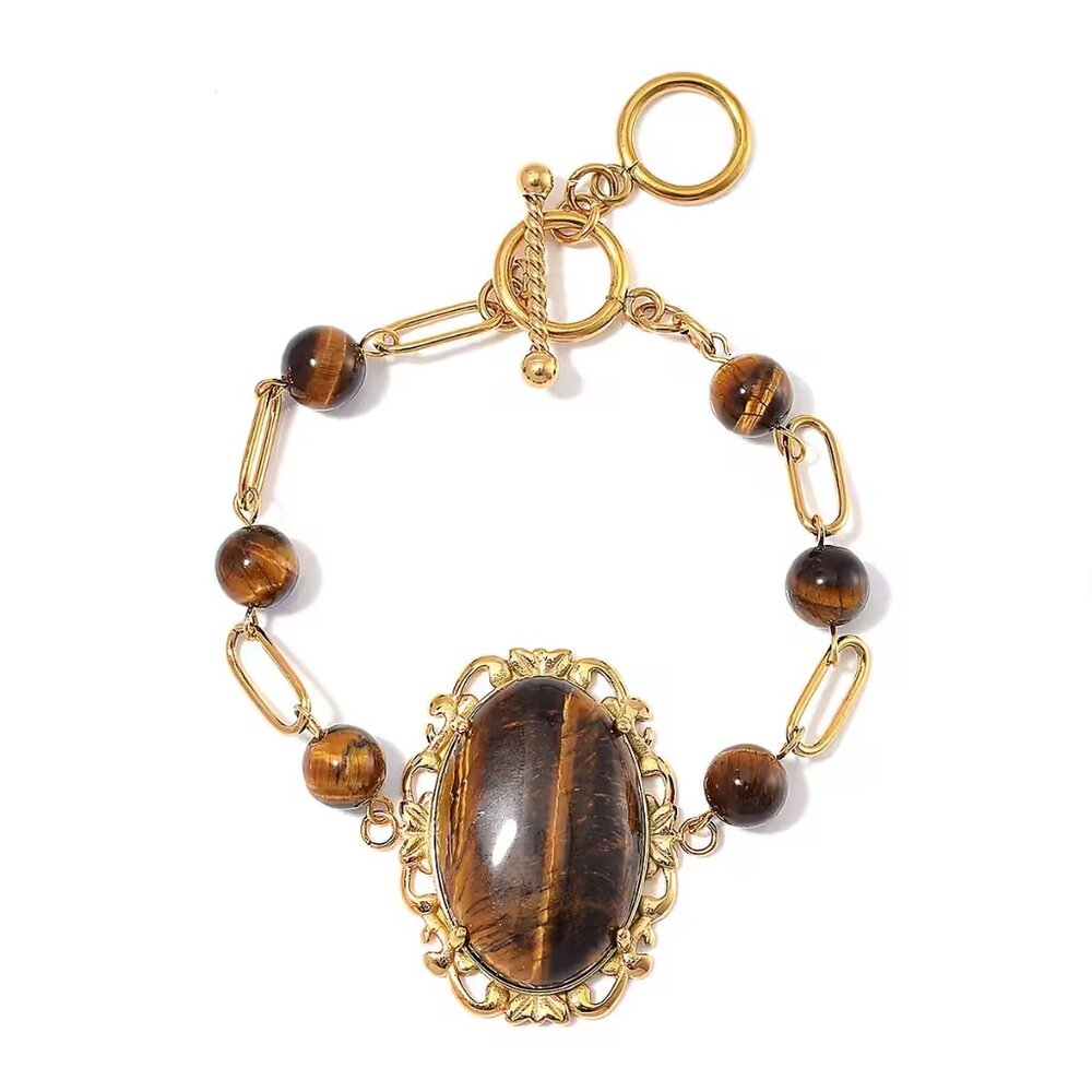 Yellow Tigers Eye Bracelet in ION Plated YG Stainless Steel